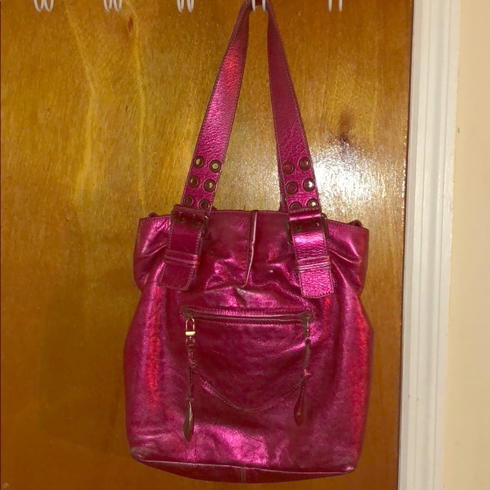 100% Vintage Leather Pink Metallic Bag